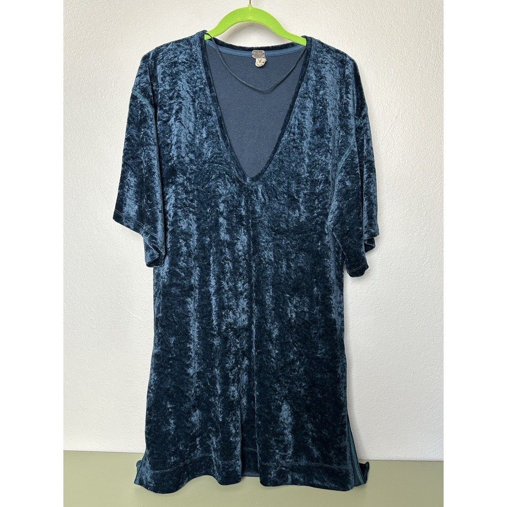 Free People We The Free Luxe Tee Blue Crushed Velvet Oversized Top XS Boho Tunic